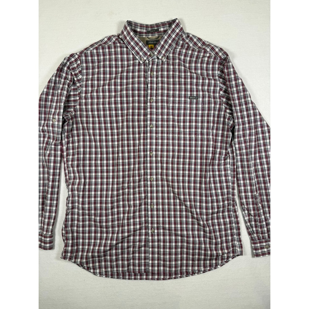 Eddie Bauer Mens XL Tall Classic Fit Plaid Button Down Shirt Red White Navy